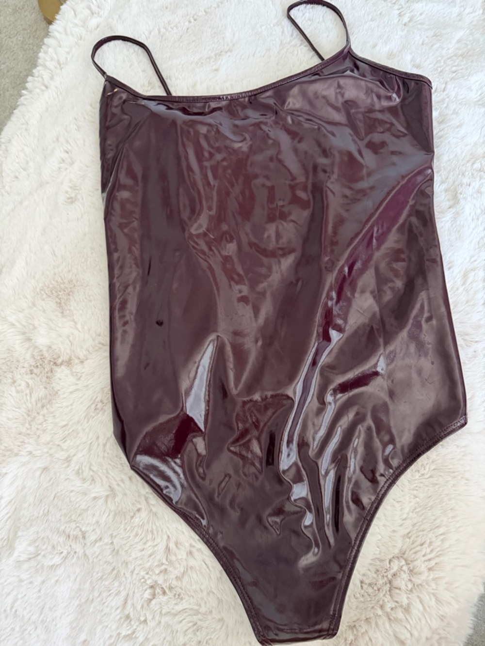 Kourtney Kardashian Patent Faux-Leather Burgundy Cami Bodysuit Top by Alix NYC
